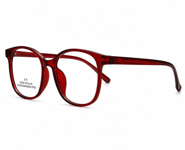 full-rim, oval-shaped eyewear frames in a translucent deep red/burgundy finish