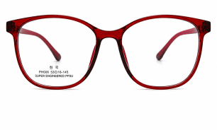 full-rim, oval-shaped eyewear frames in a translucent deep red/burgundy finish
