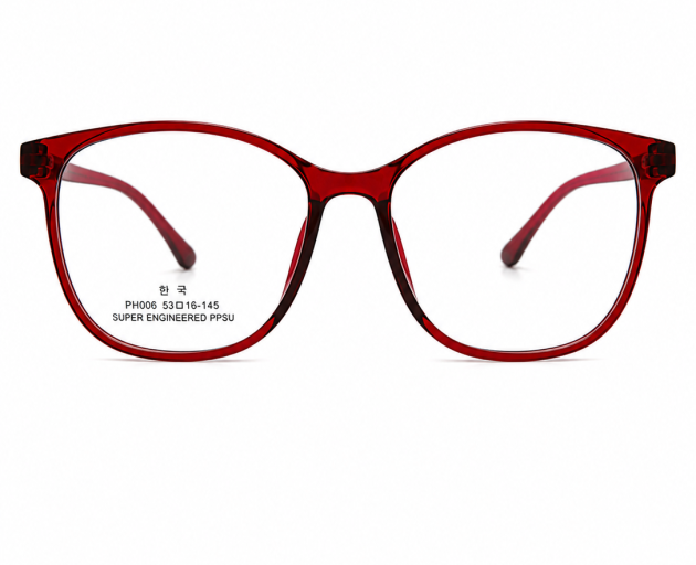 full-rim, oval-shaped eyewear frames in a translucent deep red/burgundy finish