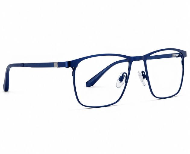 matte blue titanium IP eyeglasses with a classic full-rim rectangular shape