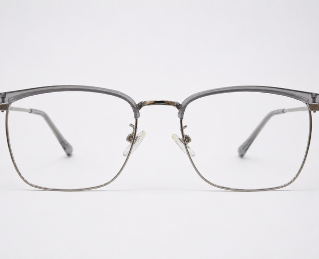 Grey Silver Browline Rectangle Eyeglass Frame – Lightweight Optical Frame